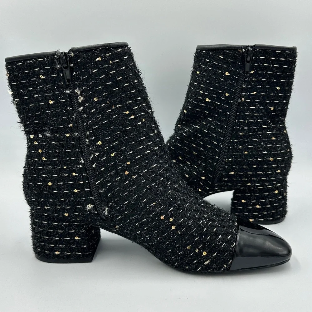 Steve Madden Eiffel Tweed Ankle Boots 7.5 Black Gold Sequin Cap Toe Block Heel